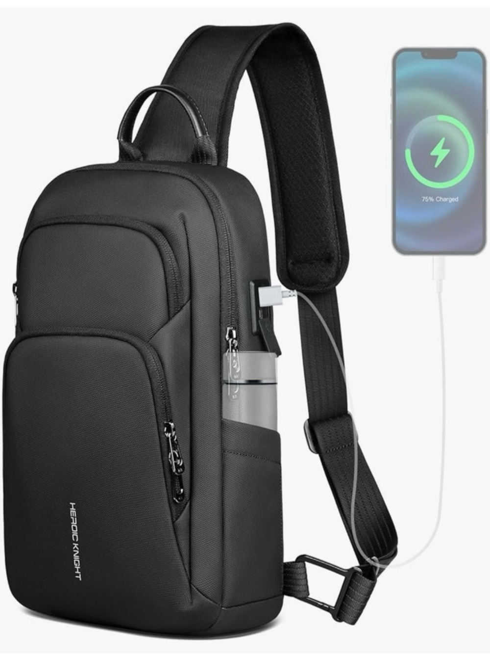 hk Black Men’s Crossbody Sling Bag with USB Charging Port